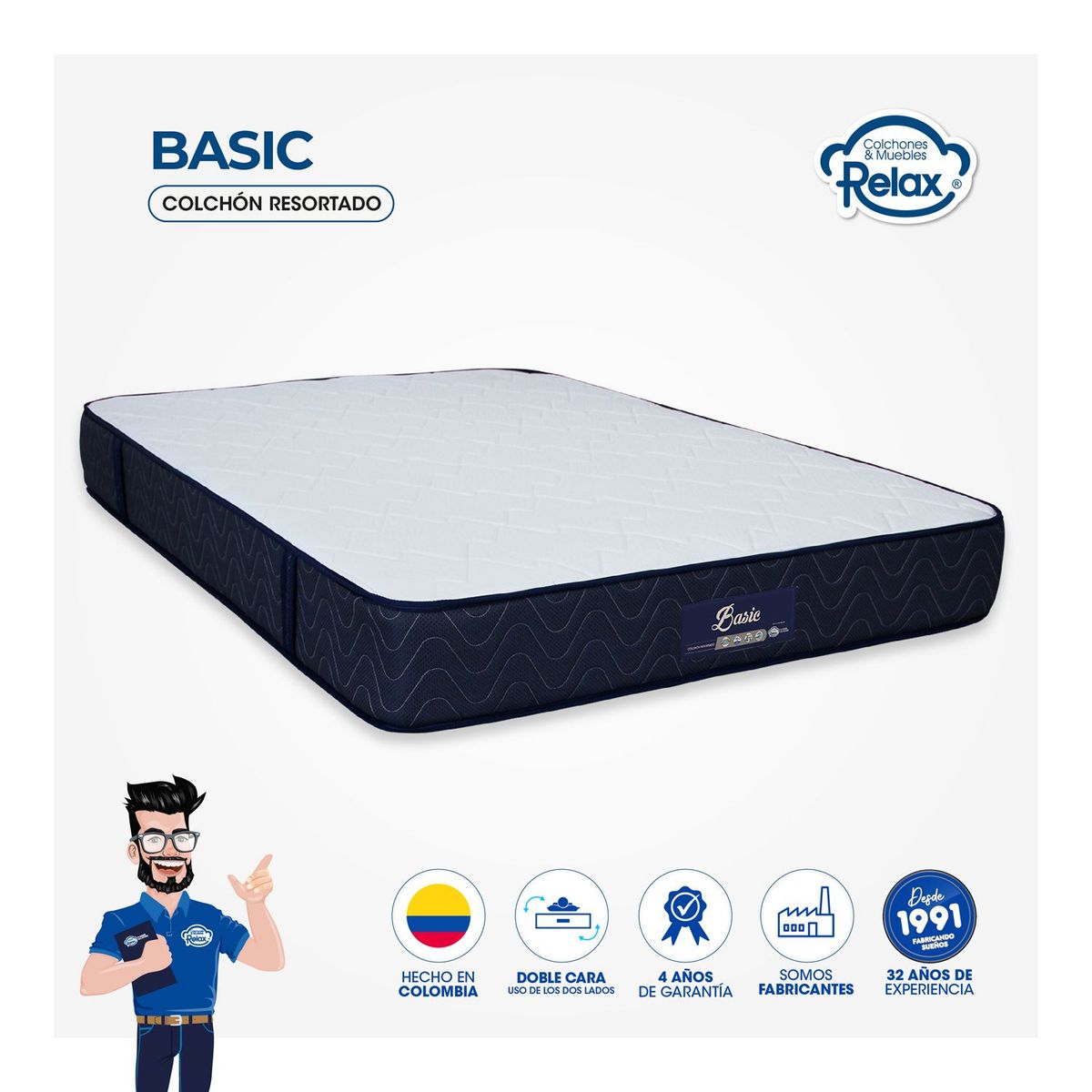 COLCHONES RELAX - Colchón Doble Firmeza Suave Ortopédico Resortado Basic 140 x 190 cm Colchones Relax