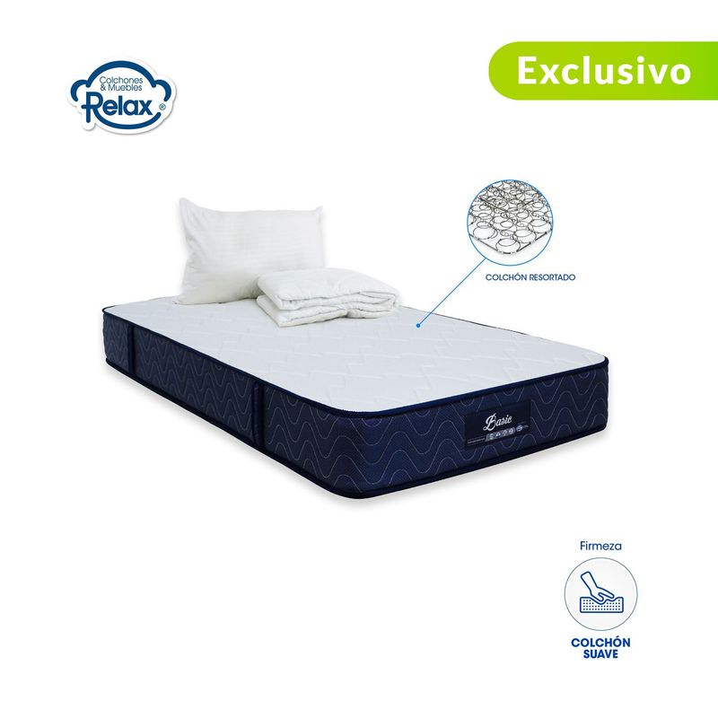 COLCHONES RELAX - Colchón SemiDoble Firmeza Suave Ortopédico Resortado Basic 120 x 190 cm + Almohada + Protector Colchones Relax