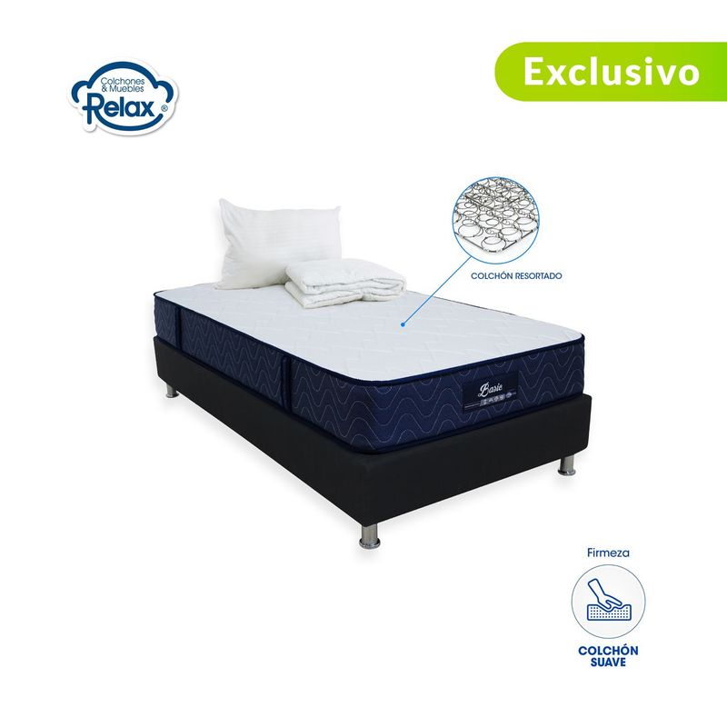 COLCHONES RELAX - Colchón con Base Cama SemiDoble Firmeza Suave Ortopédico Resortado Basic 120 x 190 cm + Almohada + Protector Colchones Relax - 0% Interés a 3, 6 o 12 Cuotas Pagando con tu CMR Banco Falabella
