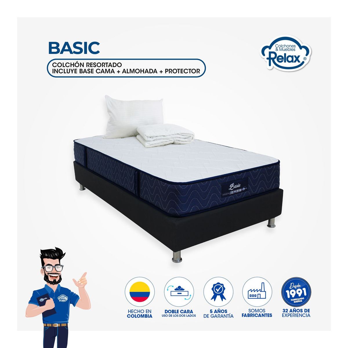 COLCHONES RELAX - Colchón con Base Cama SemiDoble Firmeza Suave Ortopédico Resortado Basic 120 x 190 cm + Almohada + Protector Colchones Relax