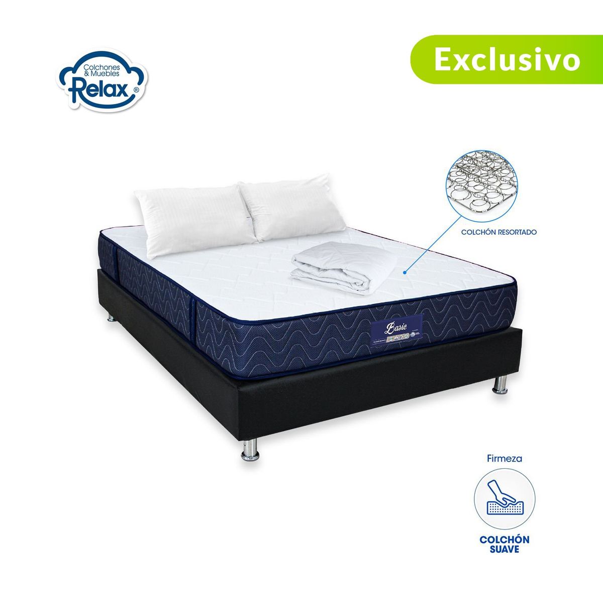 COLCHONES RELAX - Colchón con Base Cama Firmeza Suave Resortado Basic + 2 Almohada + Protector Colchones Relax