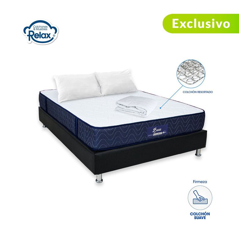 COLCHONES RELAX - Colchón con Base Cama Doble Firmeza Suave Ortopédico Resortado Basic 140 x 190 cm + 2 Almohada + Protector Colchones Relax - 0% Interés a 3 Cuotas Pagando con tu CMR Banco Falabella