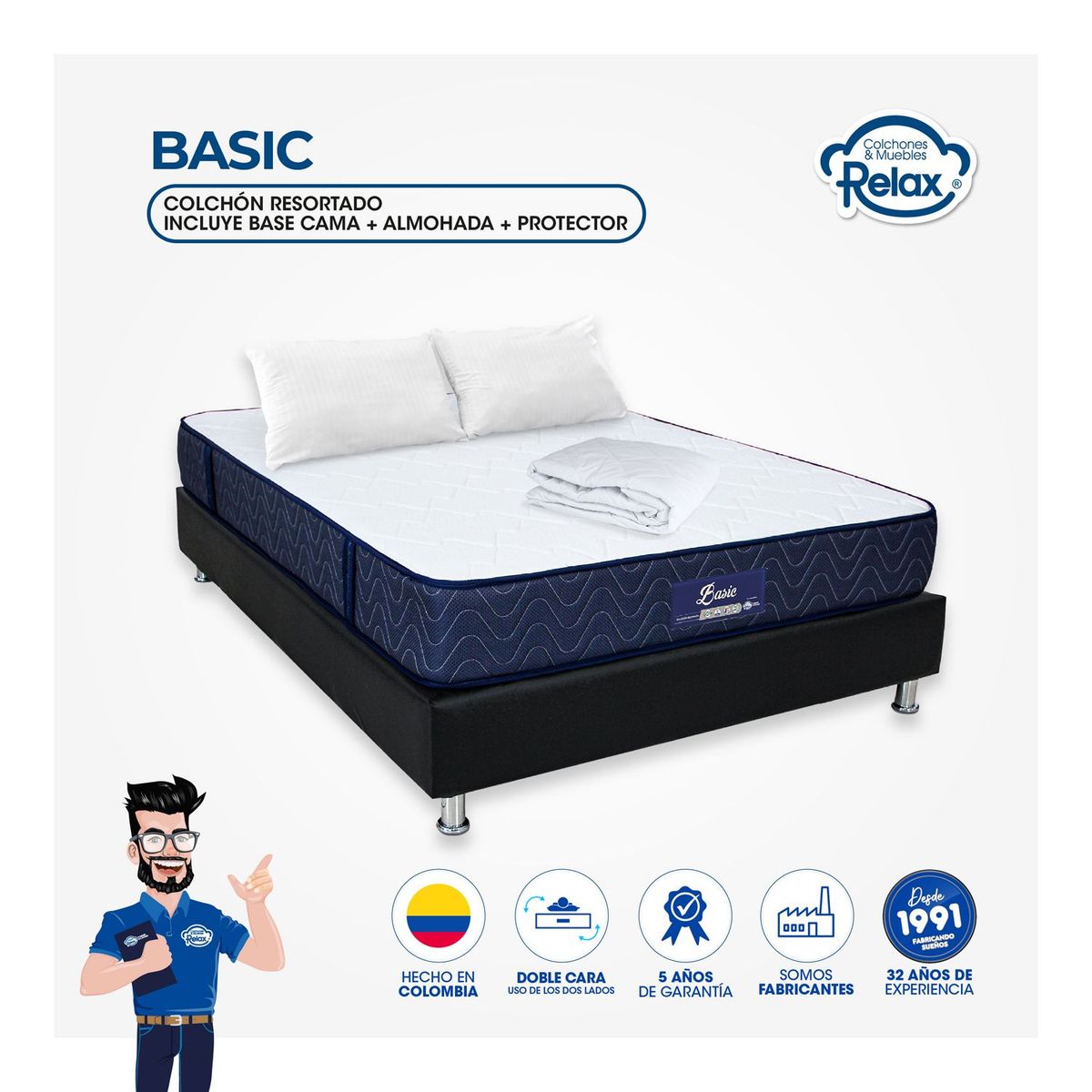 COLCHONES RELAX - Colchón con Base Cama Firmeza Suave Resortado Basic + 2 Almohada + Protector Colchones Relax