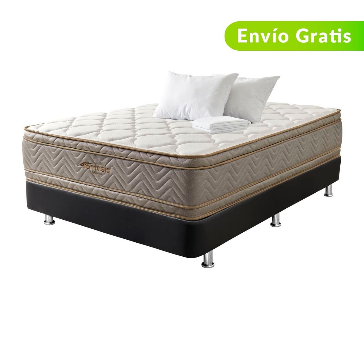 COLCHONES FANTASIA - Colchón con Base Cama Doble Firmeza Suave Ortopédico Resortado con Doble Pillow Optims 140 x 190 cm + 2 Almohadas + Protector Colchones Fantasía