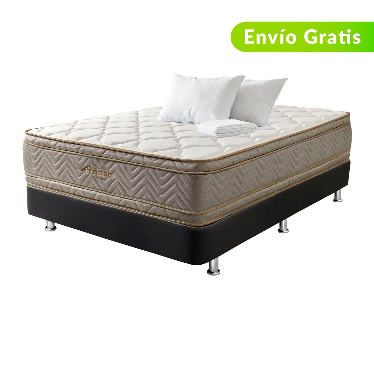 COLCHONES FANTASIA - Colchón con Base Cama Queen Firmeza Suave Ortopédico Resortado con Doble Pillow Optims 160 x 190 cm + 2 Almohadas + Protector Colchones Fantasía