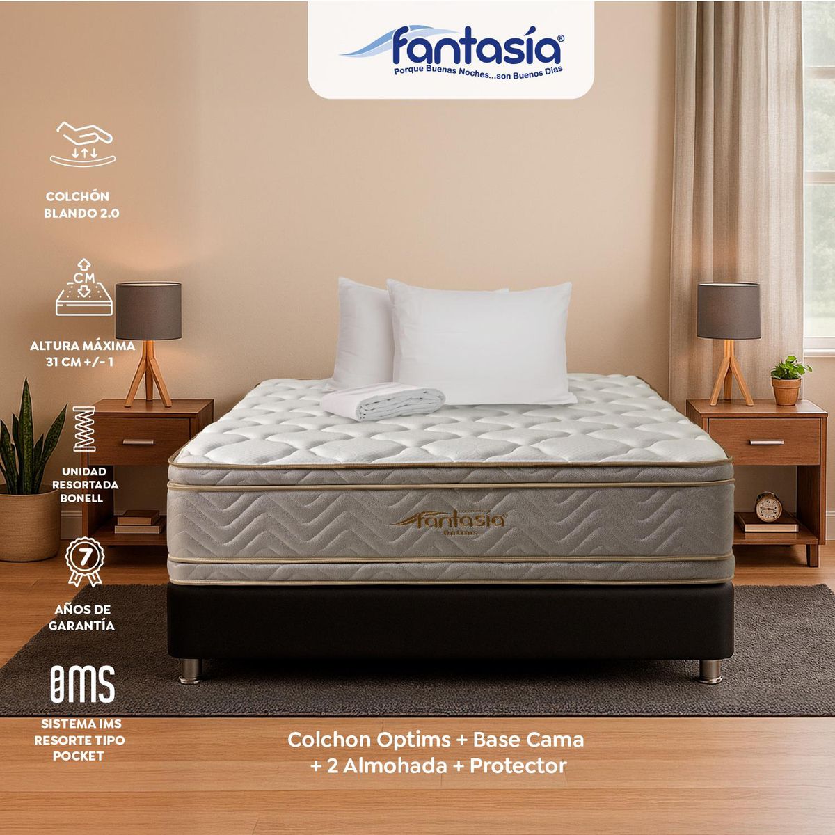 COLCHONES FANTASIA - Colchón con Base Cama Queen Firmeza Suave Ortopédico Resortado con Doble Pillow Optims 160 x 190 cm + 2 Almohadas + Protector Colchones Fantasía