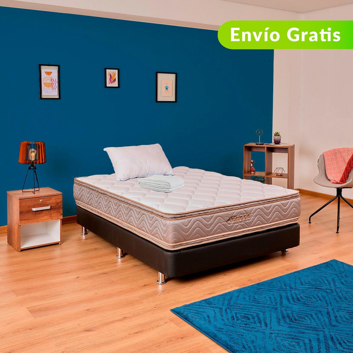 COLCHONES FANTASIA - Colchón con Base Cama Sencillo Firme Ortopédico Resortado con Doble Pillow Galaxy 100 x 190 cm + Almohada + Protector Colchones Fantasía