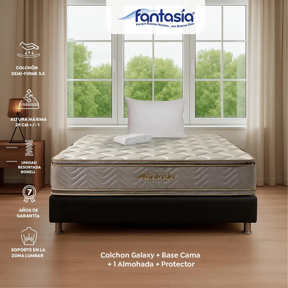 COLCHONES FANTASIA - Colchón con Base Cama Semidoble Firme Ortopédico Resortado con Doble Pillow Galaxy 120 x 190 cm + Almohada + Protector Colchones Fantasía