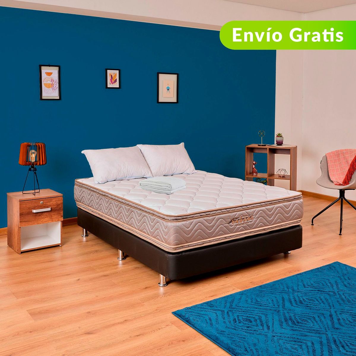 COLCHONES FANTASIA - Colchón con Base Cama Queen Firme Ortopédico Resortado con Doble Pillow Galaxy 160 x 190 cm + Almohada + Protector Colchones Fantasía