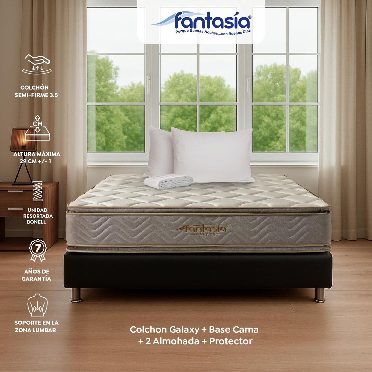 COLCHONES FANTASIA - Colchón con Base Cama Queen Firme Ortopédico Resortado con Doble Pillow Galaxy 160 x 190 cm + Almohada + Protector Colchones Fantasía