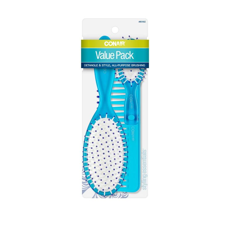 CONAIR - Set de 3 Piezas: Cepillo para Cabello Almohadilla Ovalado Mini Cepillo y Peine