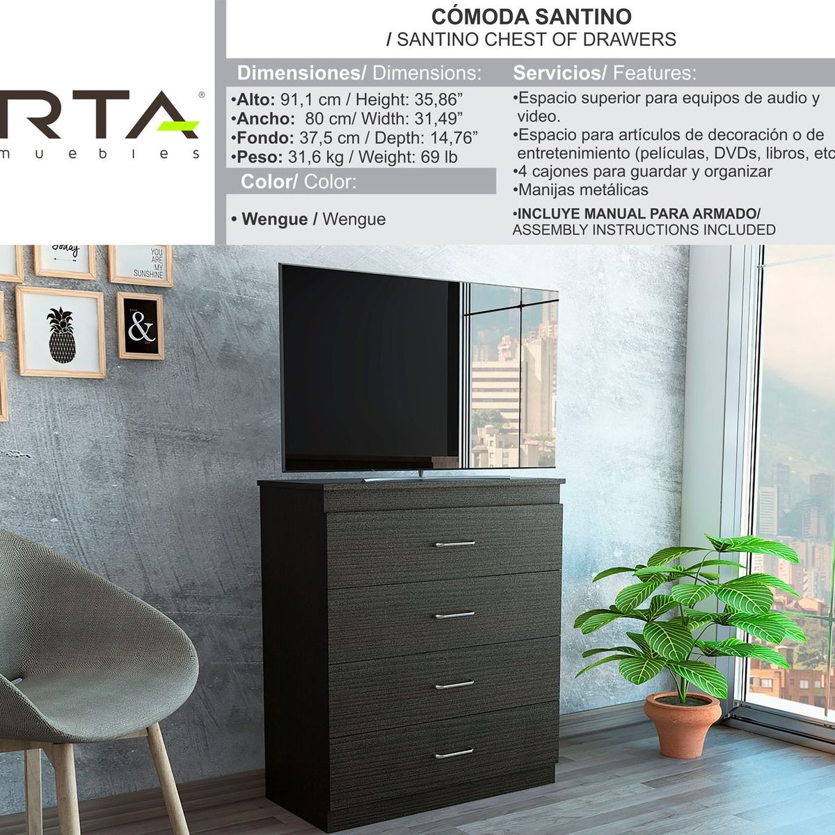 RTA DESIGN - Cómoda de 4 Cajones 91 x 80 x 37.5 cm RTA Design