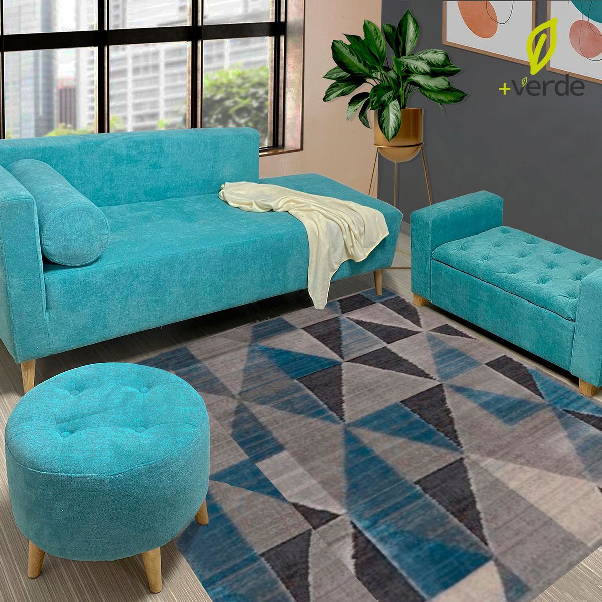 DKO DESIGN - Juego de Sala Moderno en Tela (Sofá + Puff + Banqueta Baúl) Azul DKO Design - Mueble