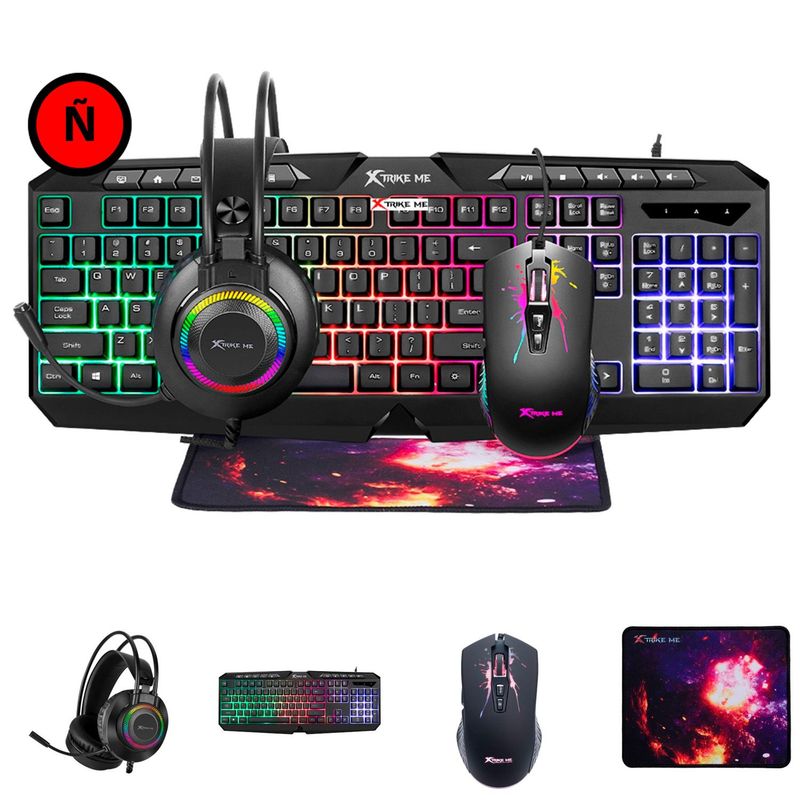XTRIKE ME - Combo Gamer 4 en 1 Pro Xtrike Me Teclado + Mouse + Audífono + Alfombra
