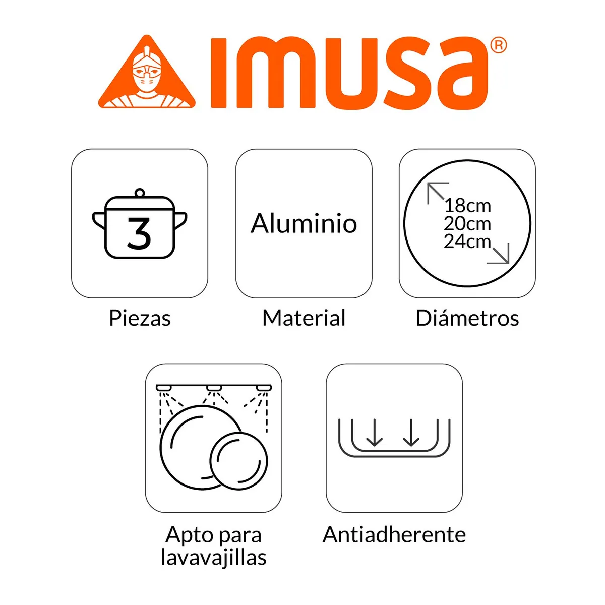 IMUSA - Set de Sartenes Imusa Antiadherente Aluminio 18-20-24 cm