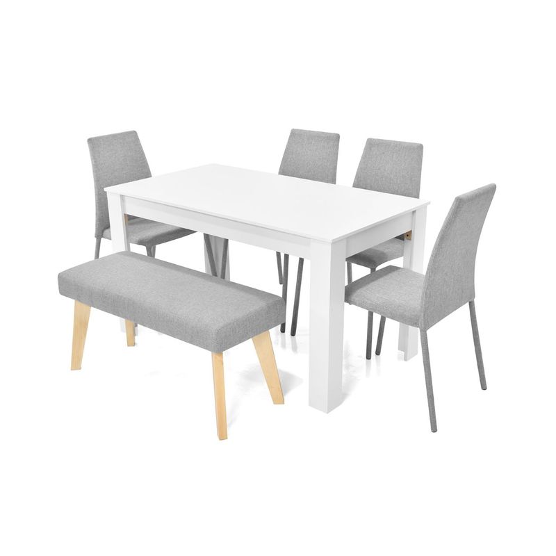 MICA - Juego de Comedor Moderno para 6 Personas en Aglomerado MDP Gris Blanco (Comedor + 4 Sillas + 1 Banca) Mica