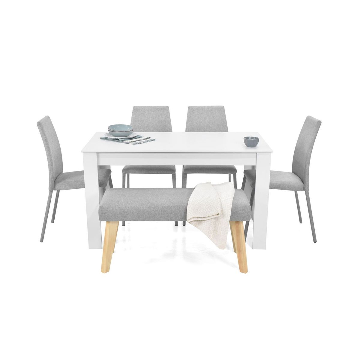 MICA - Juego de Comedor Moderno para 6 Personas en Aglomerado MDP Gris Blanco (Comedor + 4 Sillas + 1 Banca) Mica