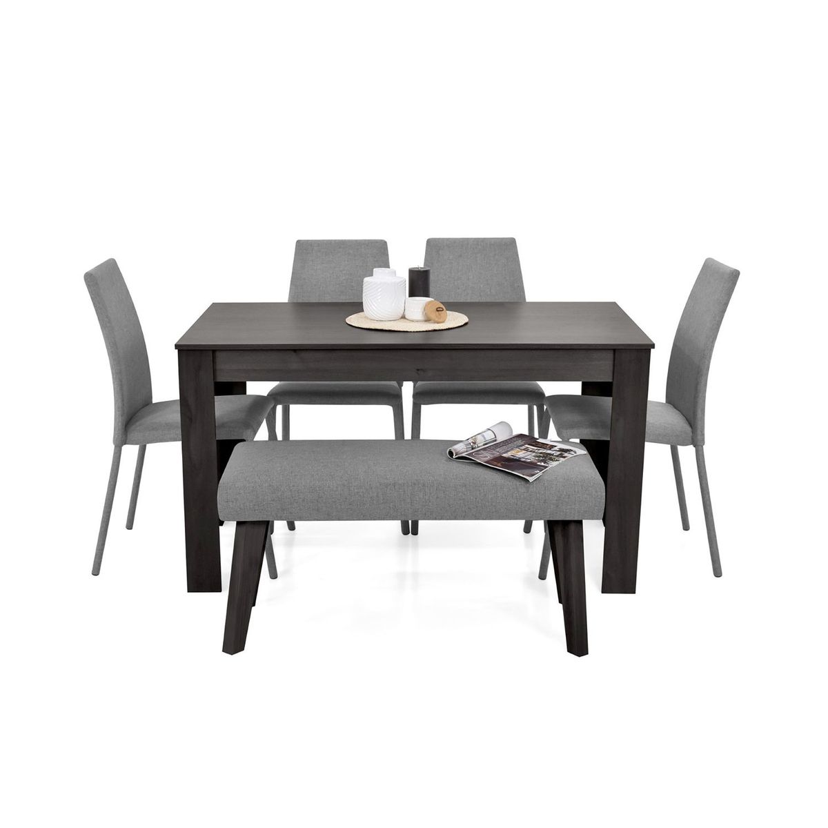 MICA - Juego de Comedor Moderno para 6 Personas en Aglomerado MDP Gris Negro (Comedor + 4 Sillas + 1 Banca) Mica