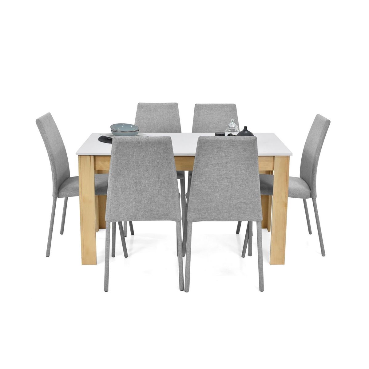 MICA - Juego de Comedor Moderno para 6 Personas en Aglomerado MDP Gris Blanco (Comedor + 6 Sillas) Mica