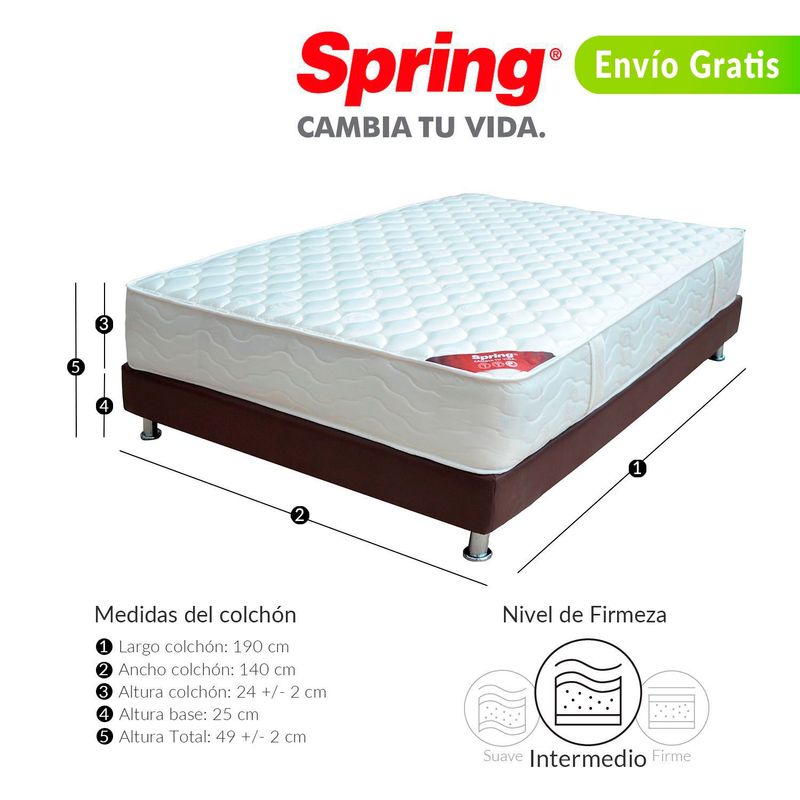 COLCHONES SPRING - Colchón con Base Cama Doble Firmeza Media Ortopédico Resortado Classic 140 x 190 cm   Colchones Spring