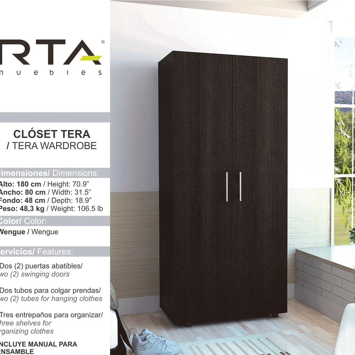 RTA MUEBLES - Closet Moderno en Aglomerado MDF 2 Puertas  180 x 80 x 48 cm RTA Design  - Mueble