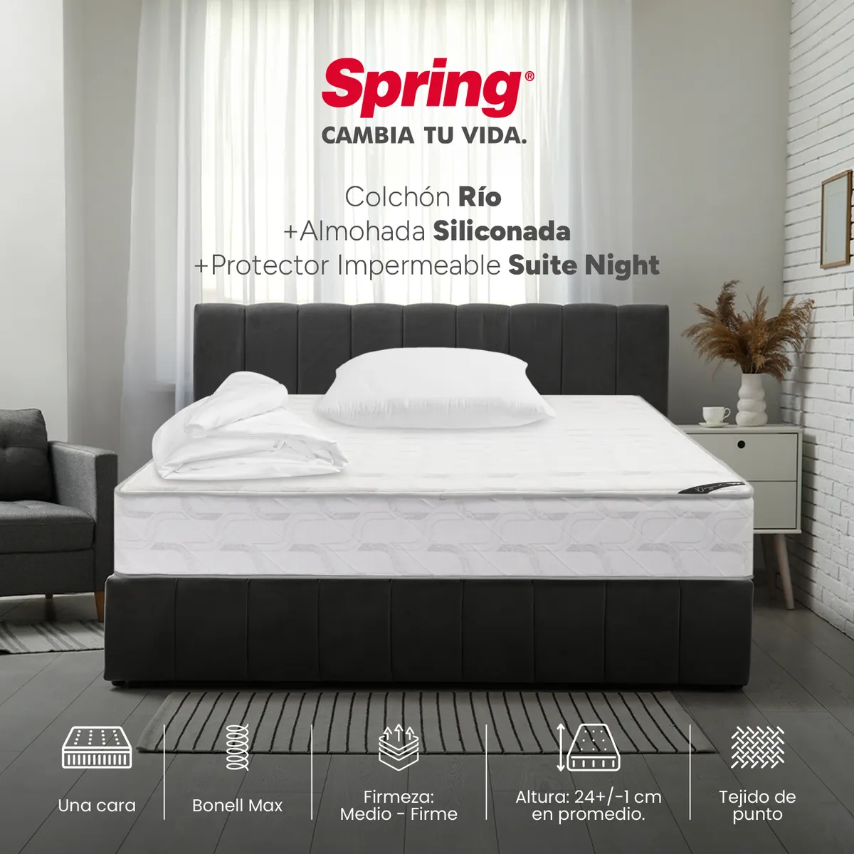 COLCHONES SPRING - Colchón Spring Sencillo Firmeza Media Ortopédico Resortado Rio 100 x 190 cm + Almohada + Protector