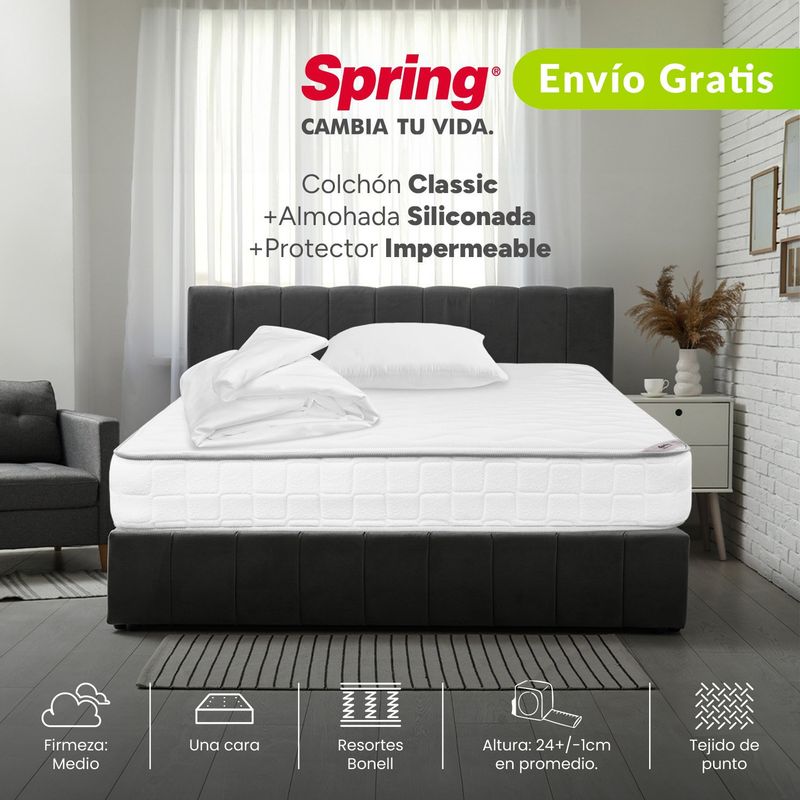 COLCHONES SPRING - Colchón Semidoble Firmeza Media Ortopédico Resortado Classic 120 x 190 cm + Almohada + Protector Colchones Spring