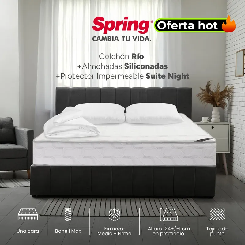 COLCHONES SPRING - Colchón Spring Doble Firmeza Media Ortopédico Resortado Rio 140 x 190 cm + 2 Almohadas + Protector