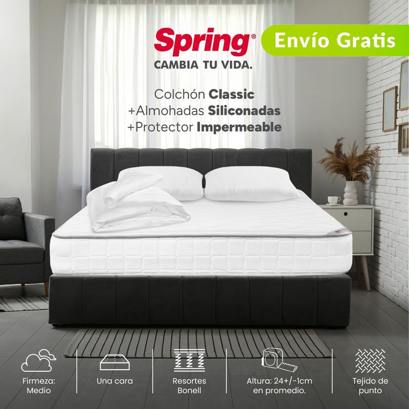 COLCHONES SPRING - Colchón Doble Firmeza Media Ortopédico Resortado Classic 140 x 190 cm + 2 Almohadas + Protector Colchones Spring