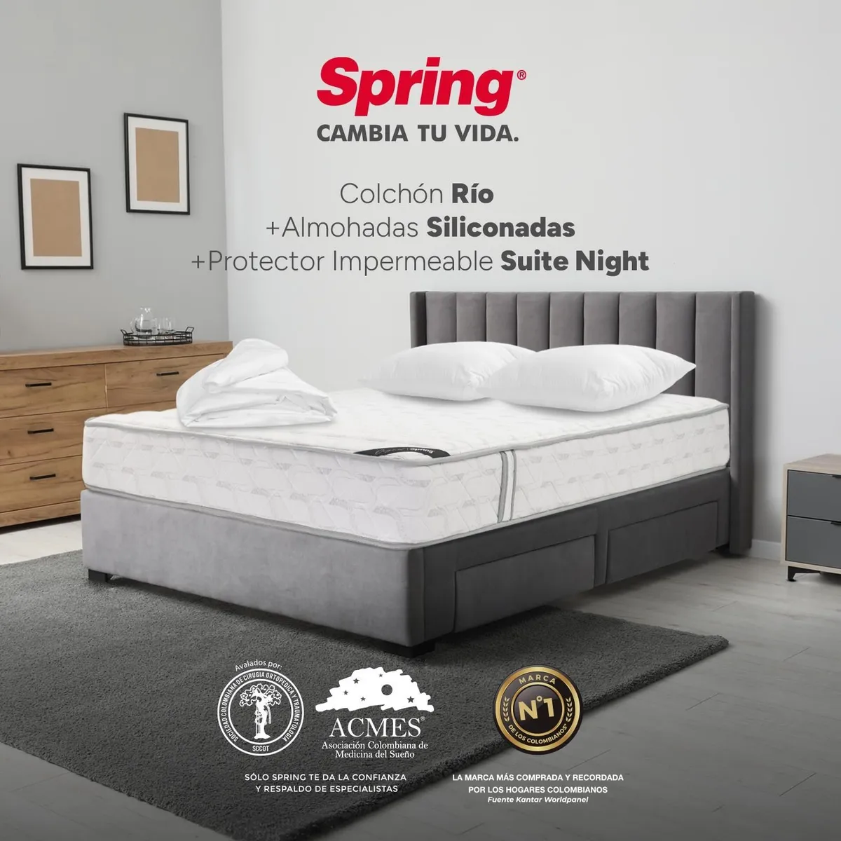 COLCHONES SPRING - Colchón Spring Doble Firmeza Media Ortopédico Resortado Rio 140 x 190 cm + 2 Almohadas + Protector