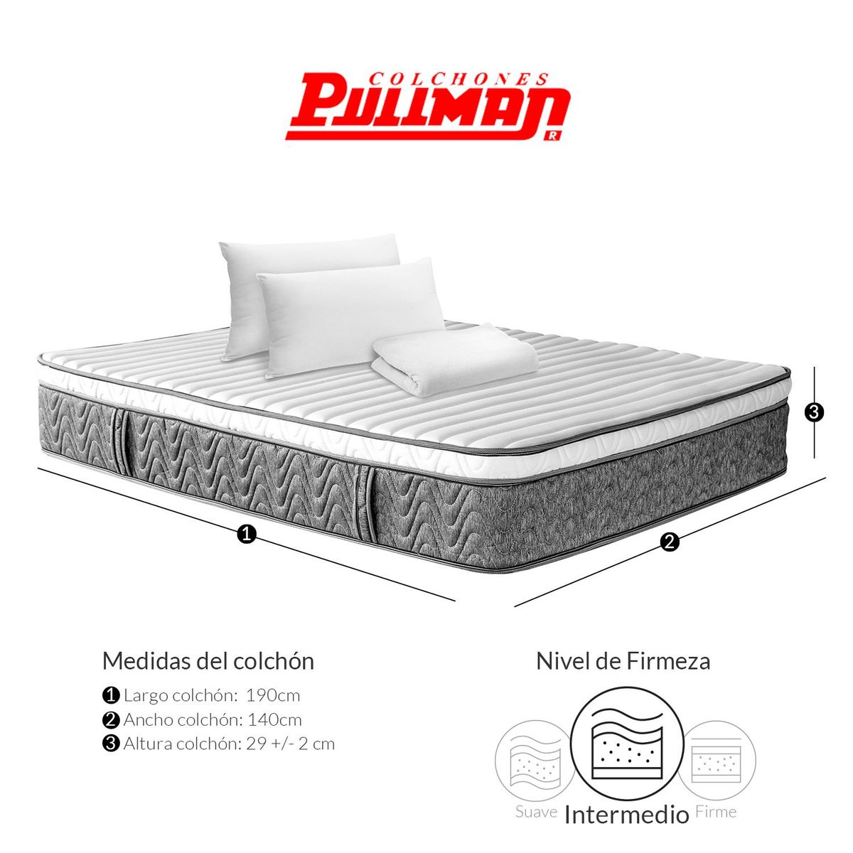 PULLMAN - Colchón Doble Resortes Pocket Pullpocket Euro U 140 x 190 cm + Almohada + Protector Pullman