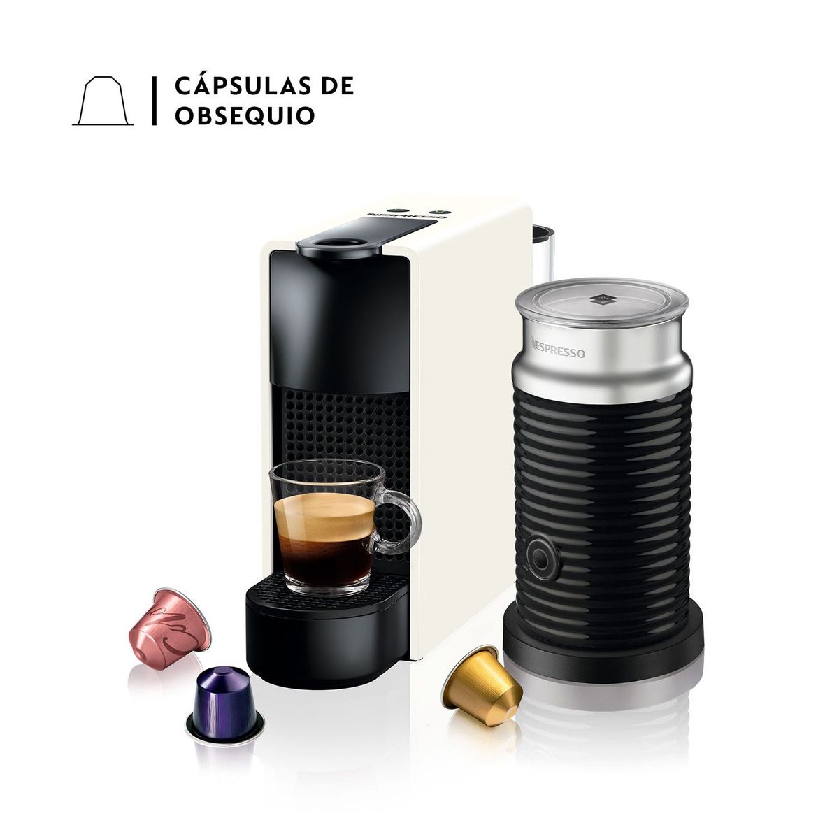 NESPRESSO - Cafetera de Cápsulas Nespresso Essenza Mini Blanca con Espumador de Leche