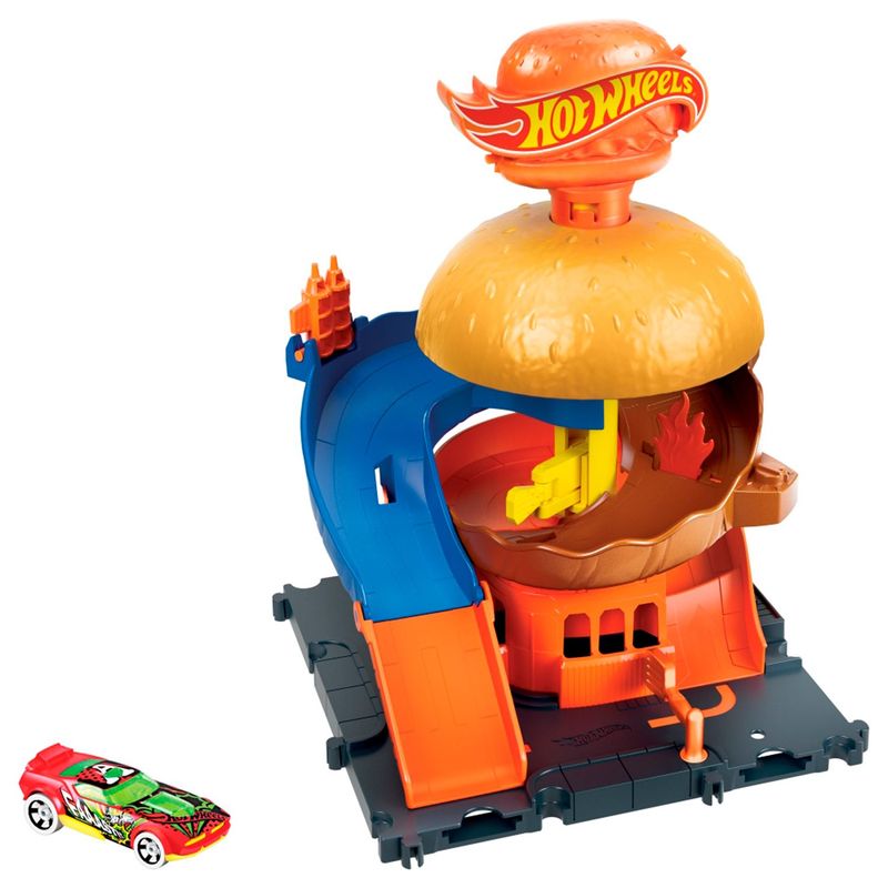 HOT WHEELS - Pista de carro Hot Wheels: Downtown Burger Drive-Thru. Incluye 1 carro