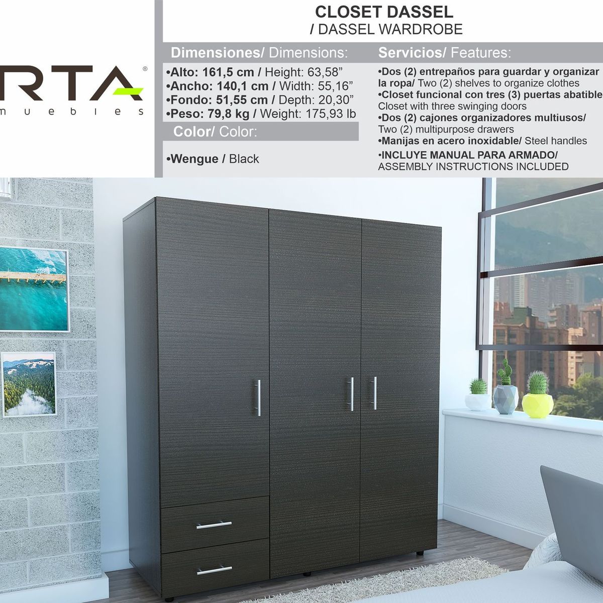 RTA DESIGN - Closet Moderno en Madera 3 Puertas 2 Cajones 160 x 140 x 48 cm RTA Design  - Mueble