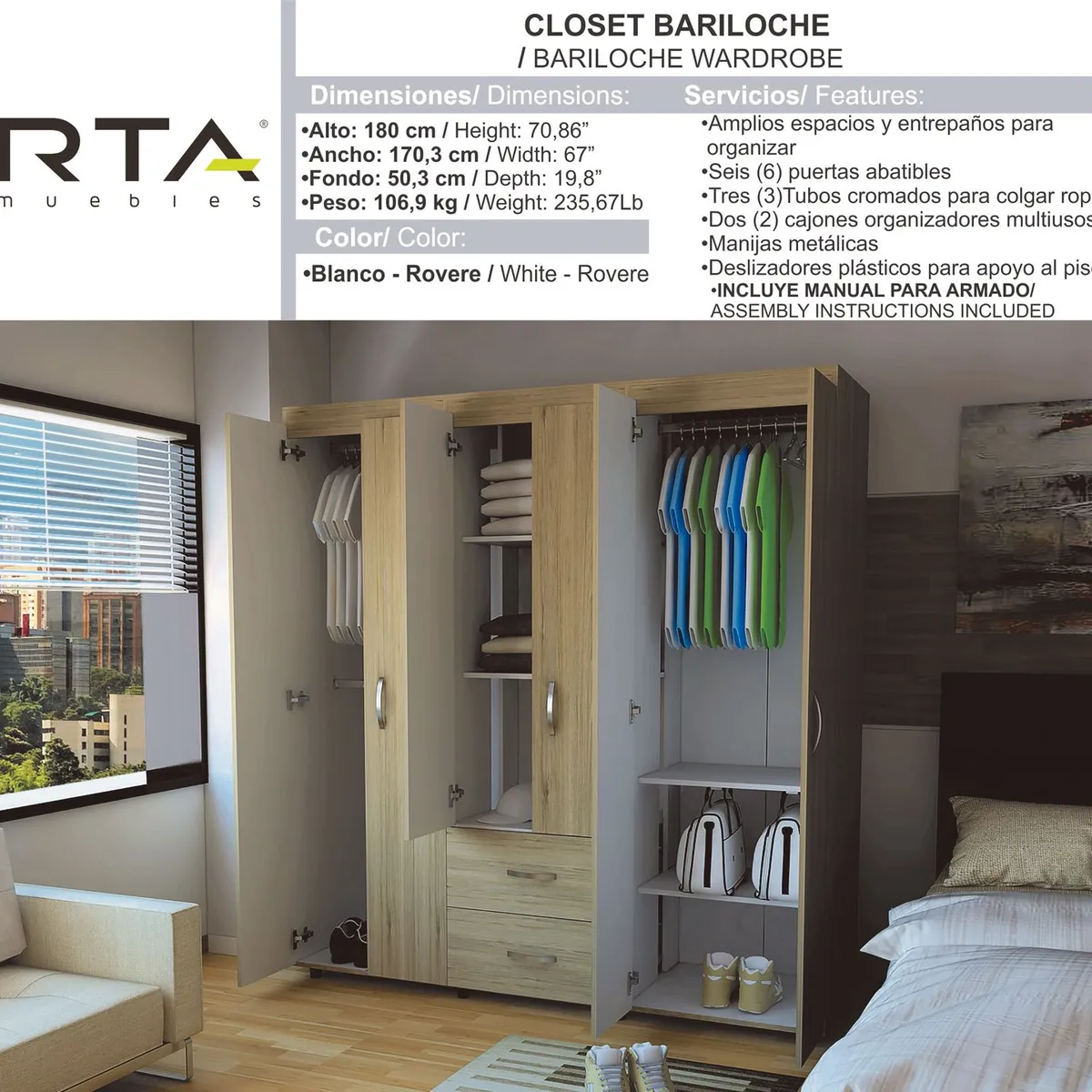 RTA MUEBLES - Closet Moderno en Melamina 6 Puertas 2 Cajones 180 x 170 x 50 cm RTA Design  - Mueble