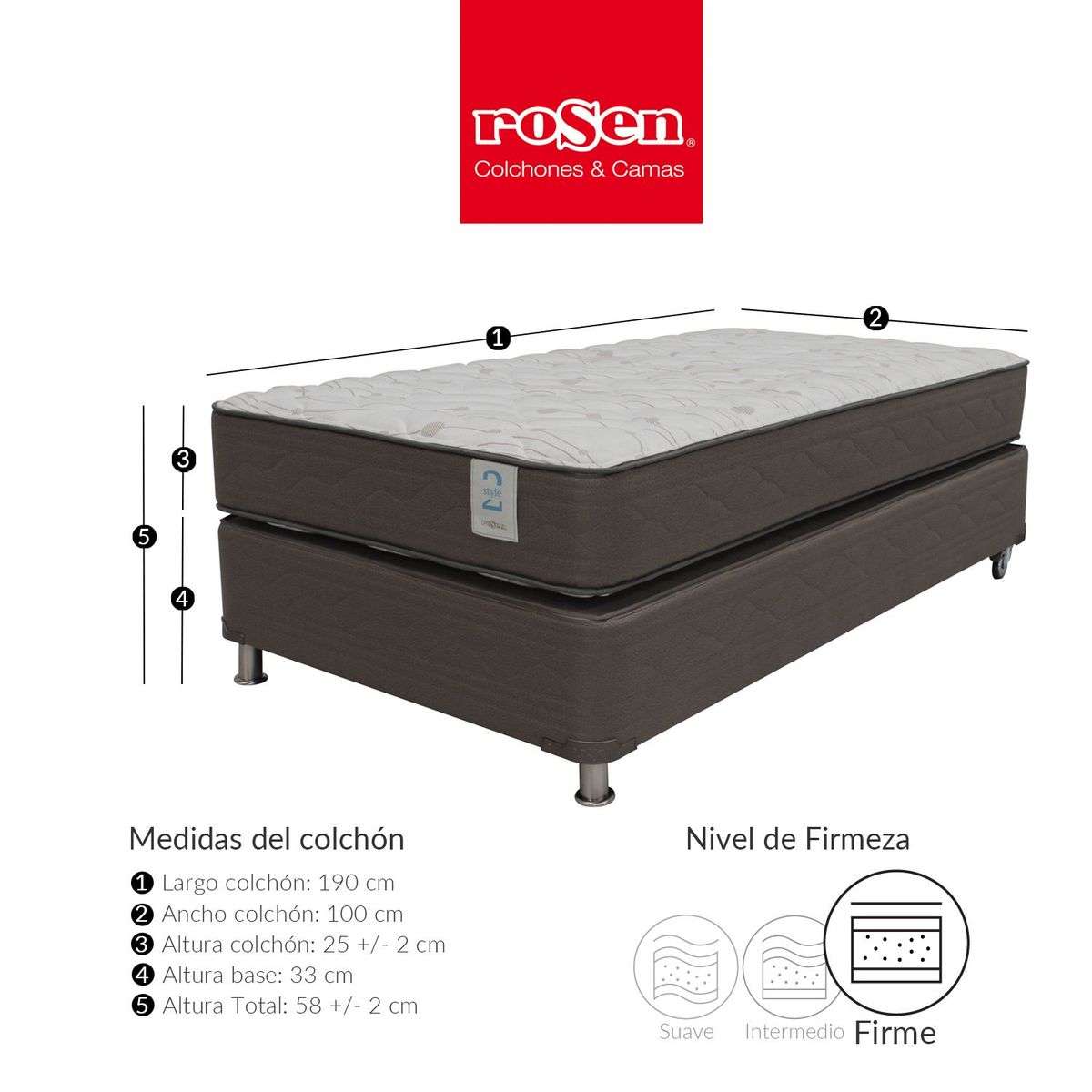 COLCHONES ROSEN - Colchón con basecama Sencillo New Style 2 190 x 100 cm + Almohada Colchones Rosen
