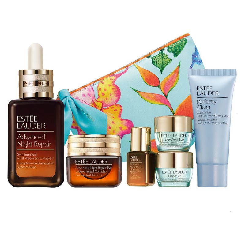 ESTEE LAUDER - Set de Tratamiento Facial Estee Lauder:Serum ANR 30 ml - Contorno de Ojos ANR 15 ml + Limpiador Perfectly Clean 30 ml + Serum ANR 7 ml - Hidratante Daywear SPF15 7 ml+ Contorno Ojos DayWear 5ml + Cosmetiquera