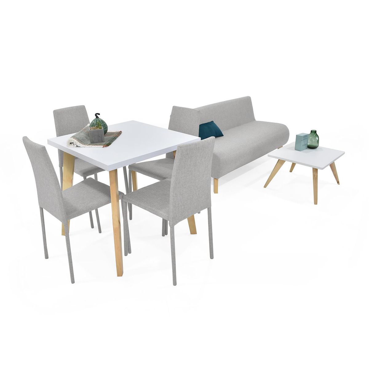 MICA - Juego de Sala Moderno en Poliéster (Sofá 3 Puestos + Mesa de Centro + Comedor 4 Puestos) Túnez Mica