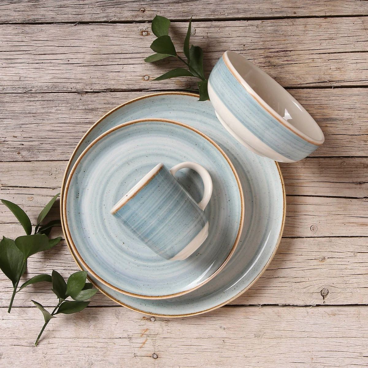 CORONA - Vajilla Corona: Cerámica Caoba Azul 4 puestos 16 piezas