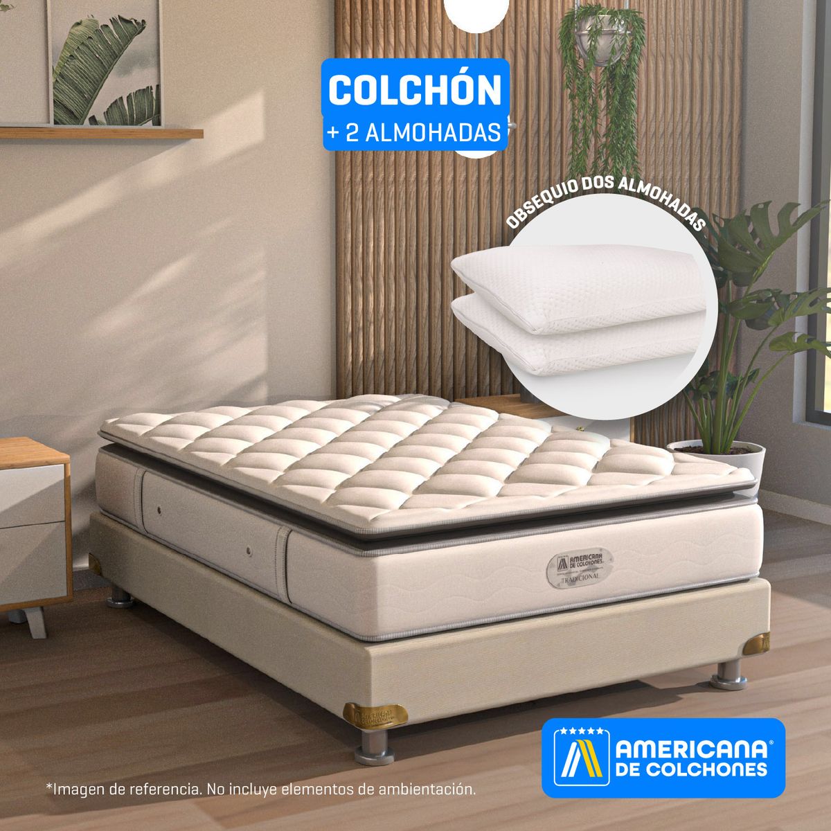 AMERICANA DE COLCHONES - Colchón Doble Firmeza Media Ortopédico Resortado con Pillow A Cinco 140 x 190 cm +2 Almohadas Clasicas Americana de Colchones