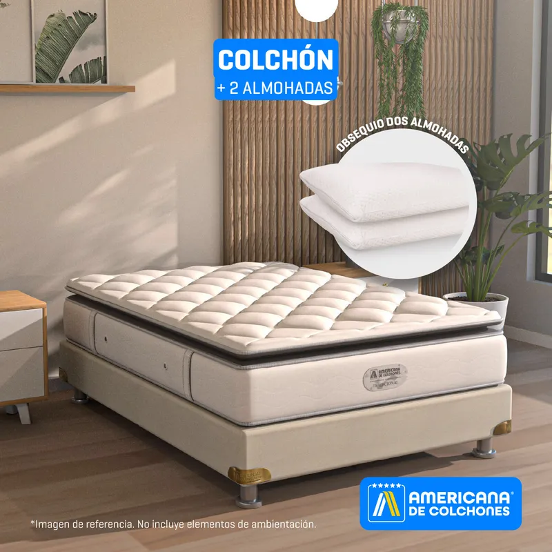 AMERICANA DE COLCHONES - Colchón Queen Firmeza Media Ortopédico Resortado con Pillow A Cinco 160 x 190 cm +2 Almohadas Clasicas Americana de Colchones