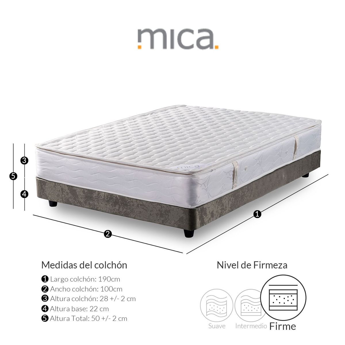 MICA - Colchón con Base Cama cama Sencillo Firme Ortopédico Resortado con Pillow Mica Firm 100 x 190 cm + Almohada Mica