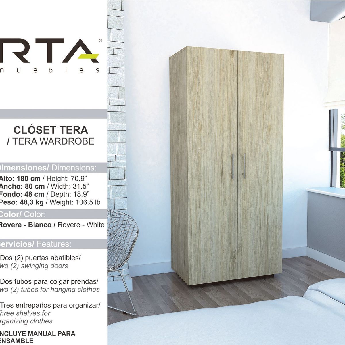 RTA MUEBLES - Closet Moderno en Aglomerado MDF 2 Puertas  180 x 80 x 48 cm RTA Design  - Mueble