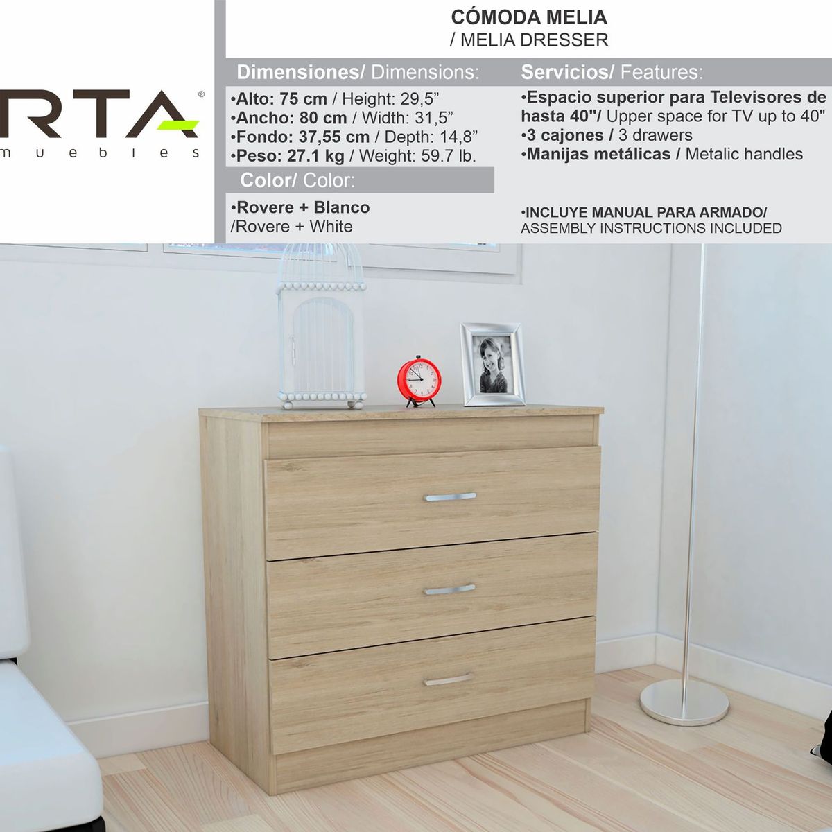 RTA MUEBLES - Cómoda de 3 Cajones 75 x 80 x 37 cm RTA Muebles