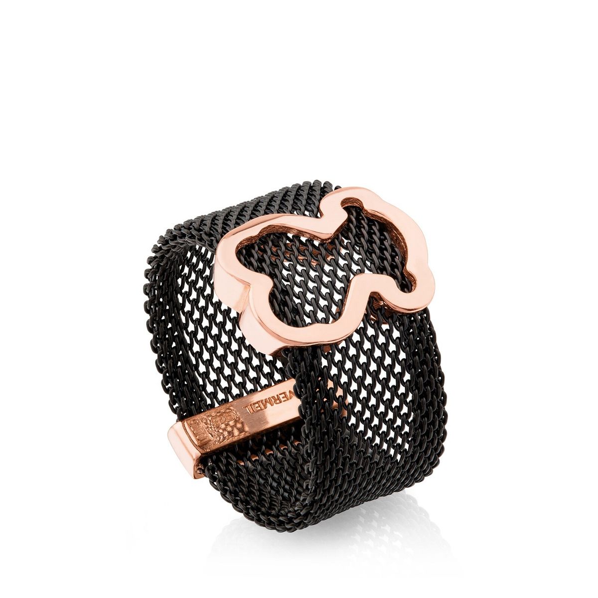 TOUS - Anillo De Acero Ip Negro Y Plata Vermeil Rosa Motivo Silueta Oso Mesh