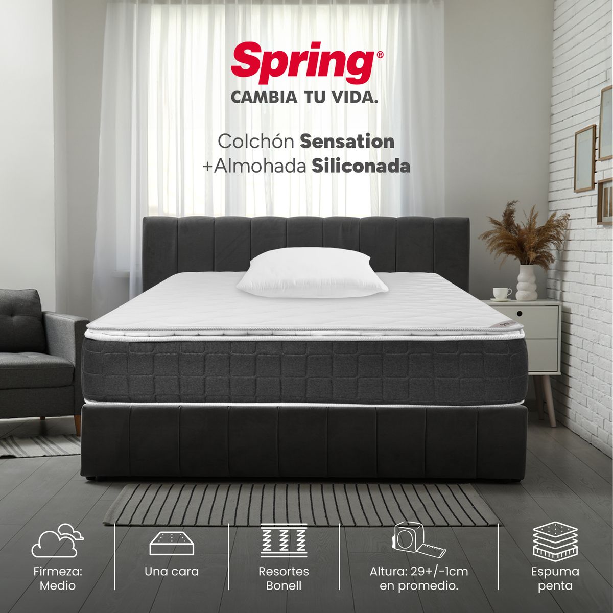 COLCHONES SPRING - Colchón Sencillo Firmeza Media Ortopédico con Pillow Resortado Sensation 100 x 190 cm + 1 Almohada Colchones Spring