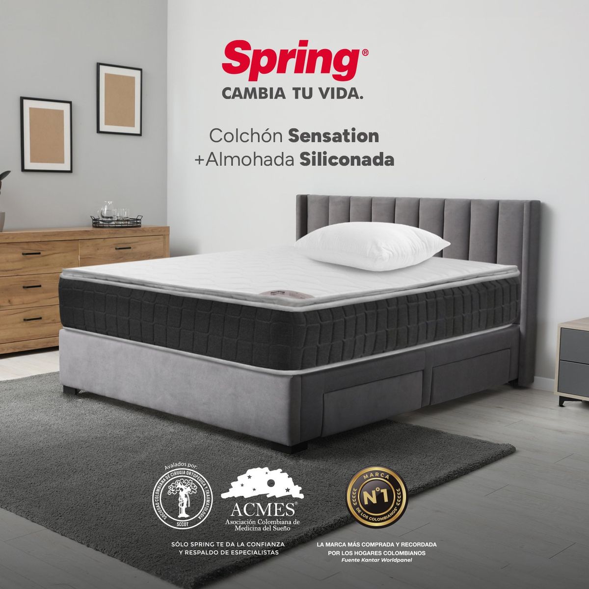 COLCHONES SPRING - Colchón Sencillo Firmeza Media Ortopédico con Pillow Resortado Sensation 100 x 190 cm + 1 Almohada Colchones Spring