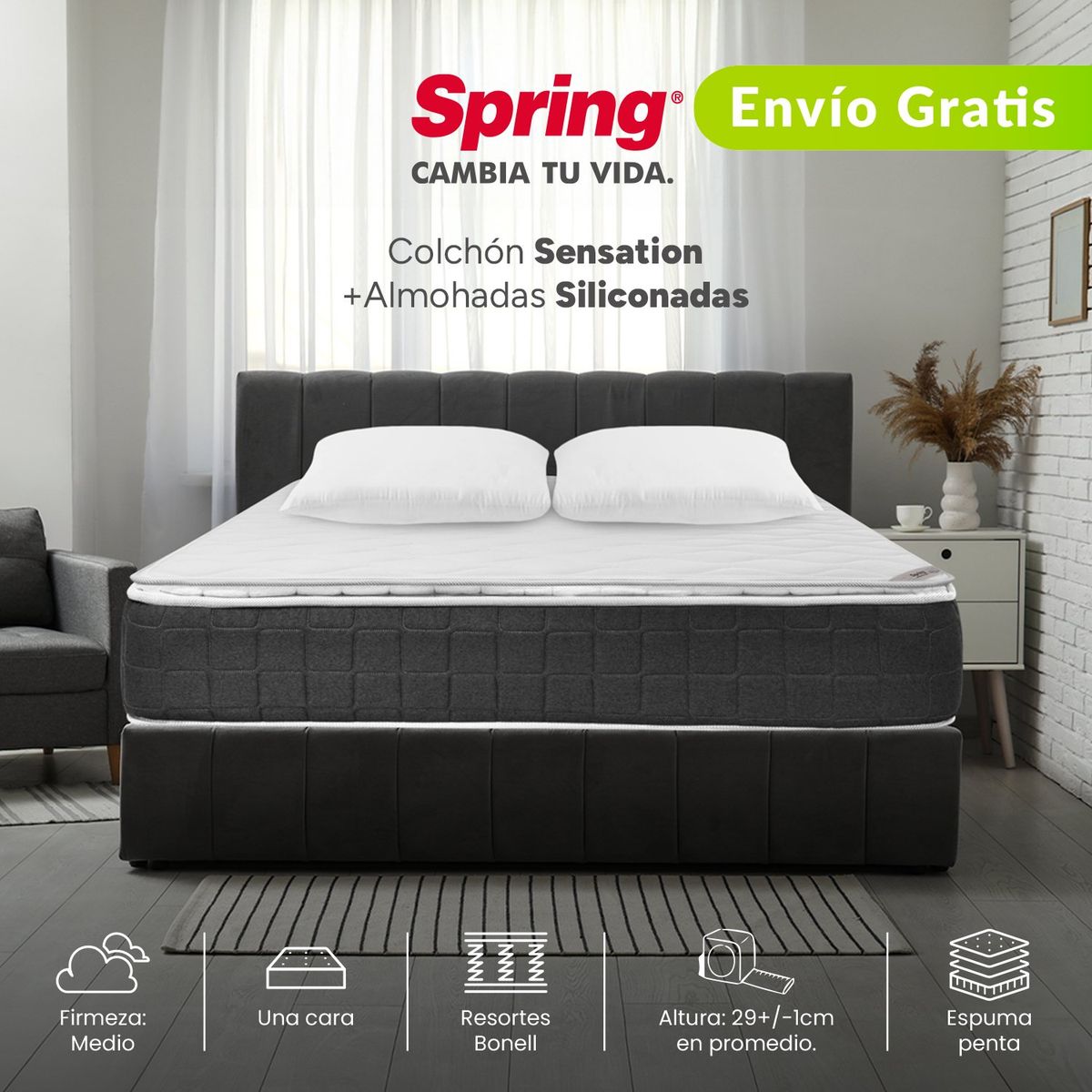 COLCHONES SPRING - Colchón Queen Firmeza Media Ortopédico con Pillow Resortado Sensation 160 x 190 cm + 2 Almohadas Colchones Spring