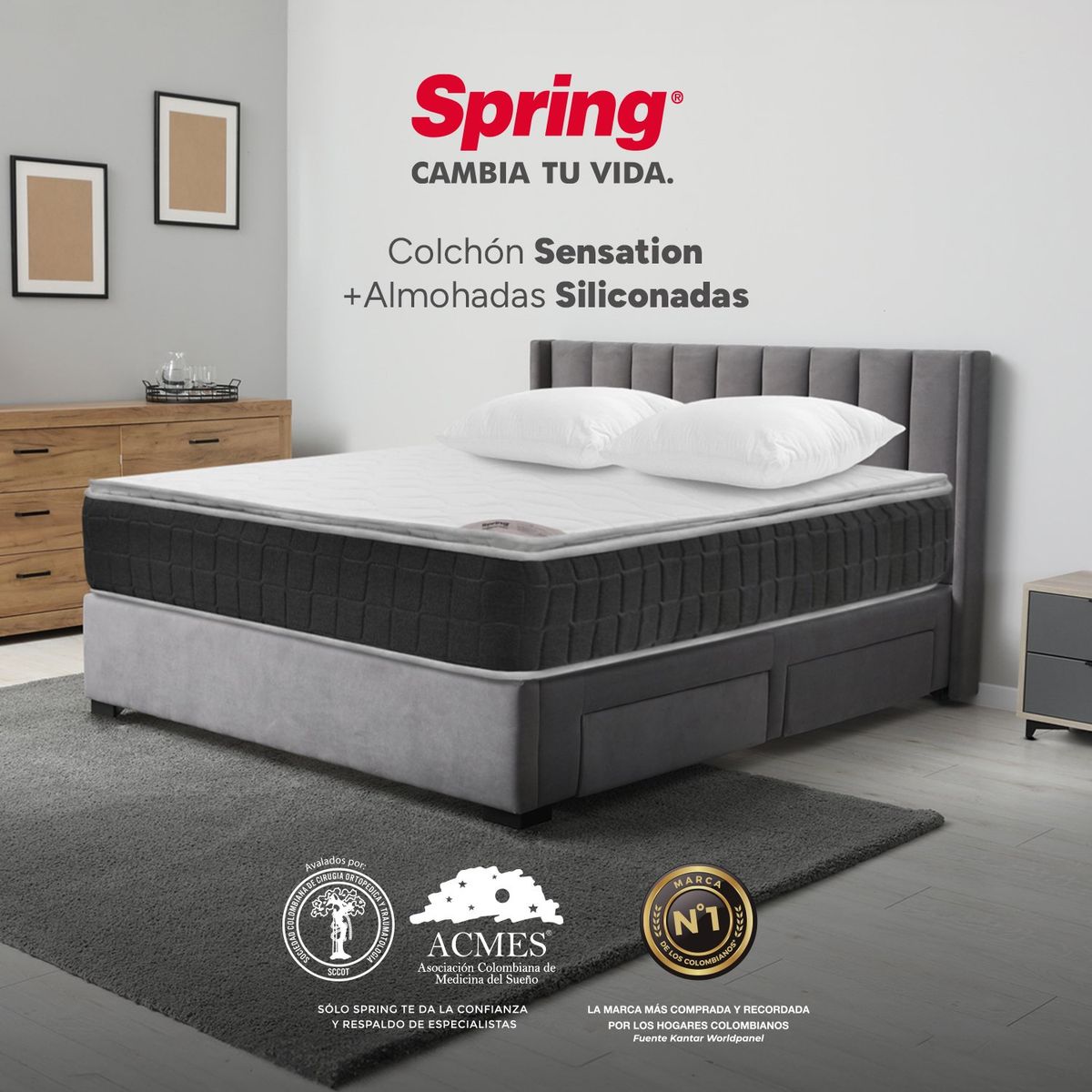 COLCHONES SPRING - Colchón Queen Firmeza Media Ortopédico con Pillow Resortado Sensation 160 x 190 cm + 2 Almohadas Colchones Spring