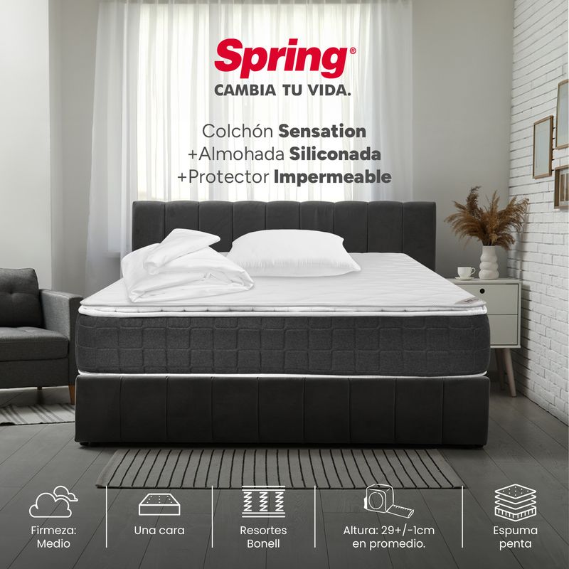 COLCHONES SPRING - Colchón Sencillo Firmeza Media Ortopédico con Pillow Resortado Sensation 100 x 190 cm + 1 Almohada + Protector Colchones Spring - 0% Interés a 3 Cuotas Pagando con tu CMR Banco Falabella